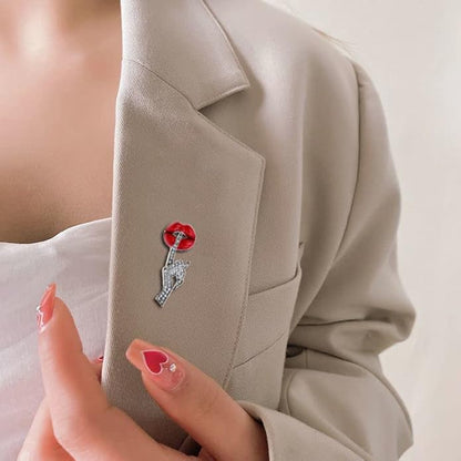 Sexy Red Lips Brooch Rhinestone Quiet Gestures Statement Brooches Lapel Pins - Image 2
