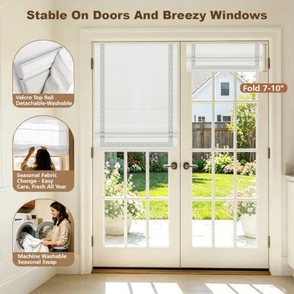 Cordless Roman Shades, Blackout Roman Shades, White Embroidered Blue Border Window Shades for Windows, Doors, Kitchen Windows