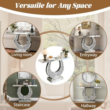 Mirrored Console Table & Round Wall Mirror Set, 45" Silver | O-Shaped Frame with Crushed Diamond Inlay, Full Mirrored Top, Weighted Anti-Tip Base, Easy-Clean, Sparkling Glam Decor Set