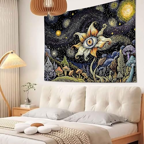 Yeoiat Tapestry Cosmic Flower Tapestries Mushroom Landscape Wall Hanging Starry Night Visionary Botanical Art Decor Bedroom Dormitory 48"x36"