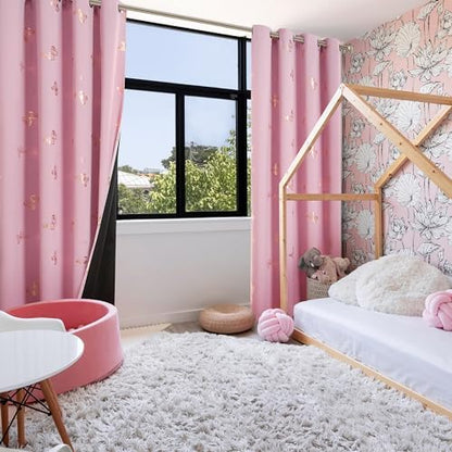 Jubilantex Rose Pink Metallic Gold Butterfly Blackout Curtains 54" Long for Small Window Girls Bedroom Nursery Window Curtains,Grommet Top 2 Panels