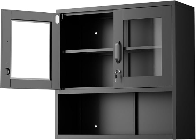 VINGLI Metal Wall Cabinet with Locking Glass Doors & Magnetic LED Sensor Light by VINGLI