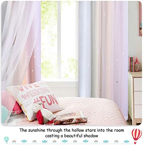 NICETOWN 2 Panels Blackout Curtains for Kids Girls Bedroom Living Room Colorful Double Layer Star Cut Out Stripe Rainbow Window Wall Home Decoration,W34 x L63 Inches, Rainbow