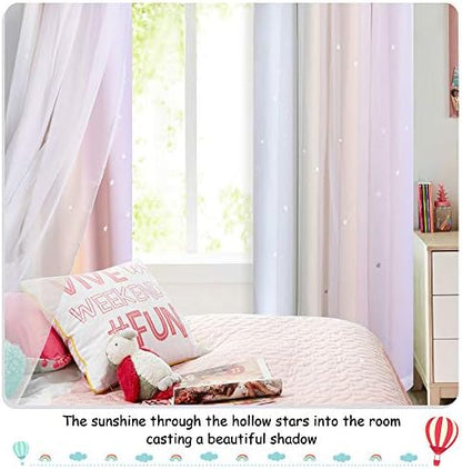 NICETOWN 2 Panels Blackout Curtains for Kids Girls Bedroom Living Room Colorful Double Layer Star Cut Out Stripe Rainbow Window Wall Home Decoration,W34 x L63 Inches, Rainbow