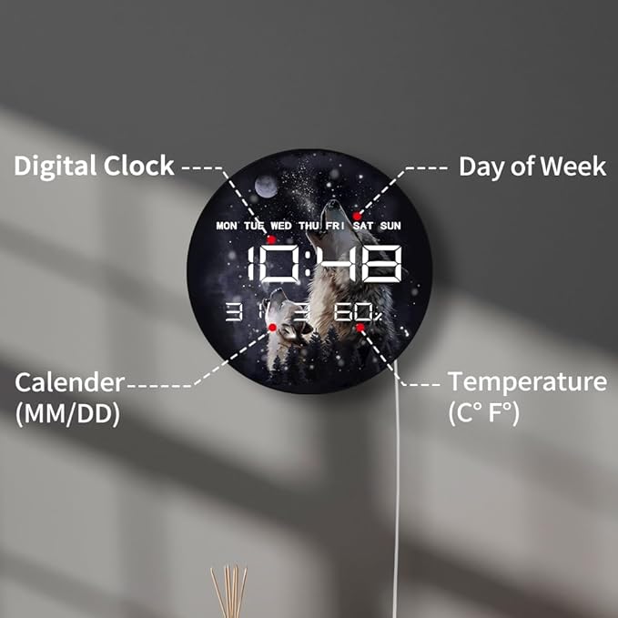Timethink 12'' Full Moon Howling Wolves Digital Wall Clock Large Display - Image 3