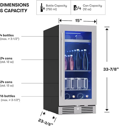Zephyr Presrv 15" Slim Wine Fridge & Beverage Refrigerator Single Zone Under - Image 3