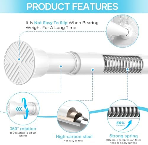 Spring Tension Curtain Rod 32-76 inch, White | Adjustable Expandable Tension Curtain Rod No Drilling, Tension rods for Window Doorway Kitchen Curtain