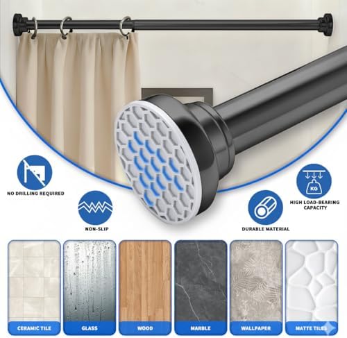 Black Shower Curtain Rod 24-40 Inch Integration Tension Curtain Rod, Load 44LBS No Splice 304 Stainless Steel Adjustable Spring Heavy Duty Tension Rods for Bathroom Windows No Drill Non Slip