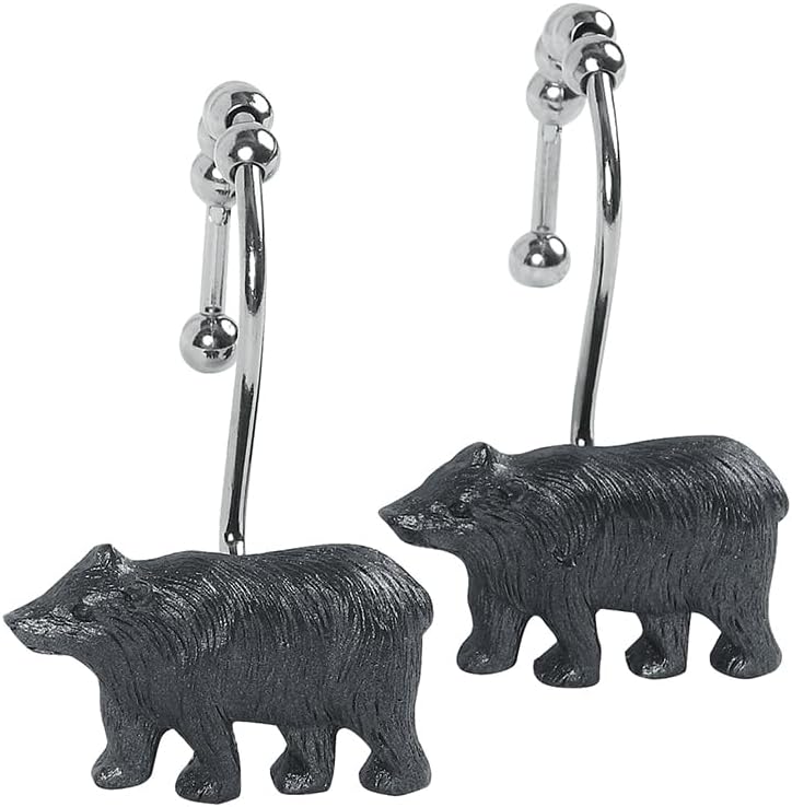 Black Bear Decorative Shower Hooks,5 Roller Ring Balls Designed Hooks for Bathroom Curtains,Set of 12