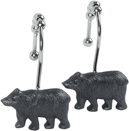 Black Bear Decorative Shower Hooks,5 Roller Ring Balls Designed Hooks for Bathroom Curtains,Set of 12