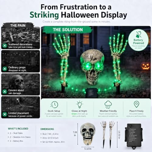 Halloween Decoration Outdoor, 3-Piece Green LED Skeleton Stake Set