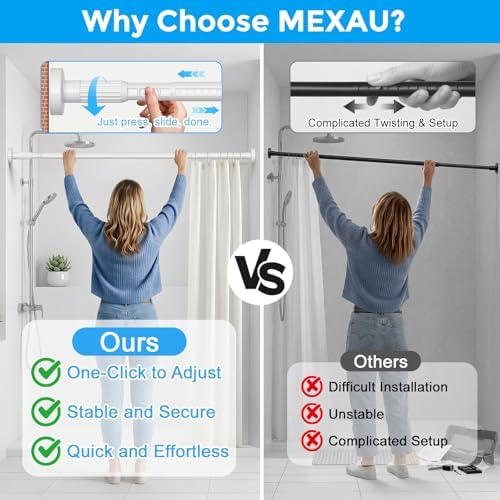 Extra Long Tension Curtain Rods 41-146 Inch, White, One-Click Heavy Duty | No Drilling Adjustable Outdoor Shower Tension Rod for Patio, Window, Living Room Divider, Bathroom, Non-Slip 1.26" Diameter