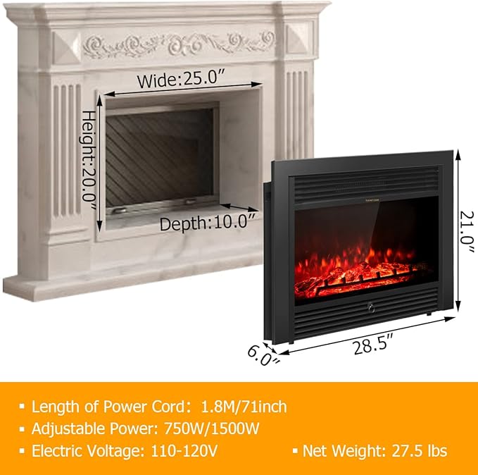 Giantex 28.5" Electric Fireplace Insert, Wall Recessed/Mounted, Freestanding - Image 8