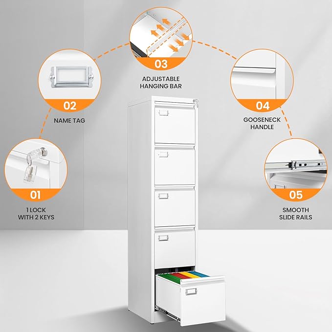 5 Drawer File Cabinet with Lock, Metal Filing Cabinets - Image 6