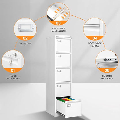 5 Drawer File Cabinet with Lock, Metal Filing Cabinets - Image 6