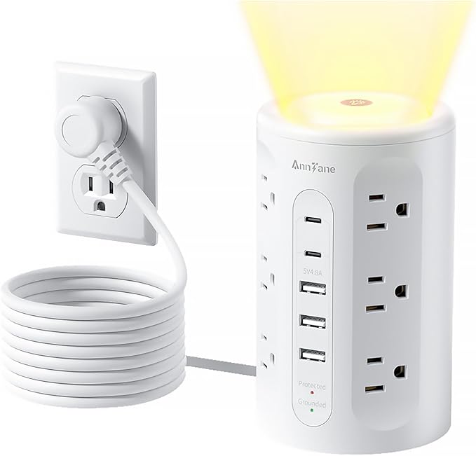 AnnTane Power Strip Tower with Night Light, 15W Surge Protector Power Strip by anntane