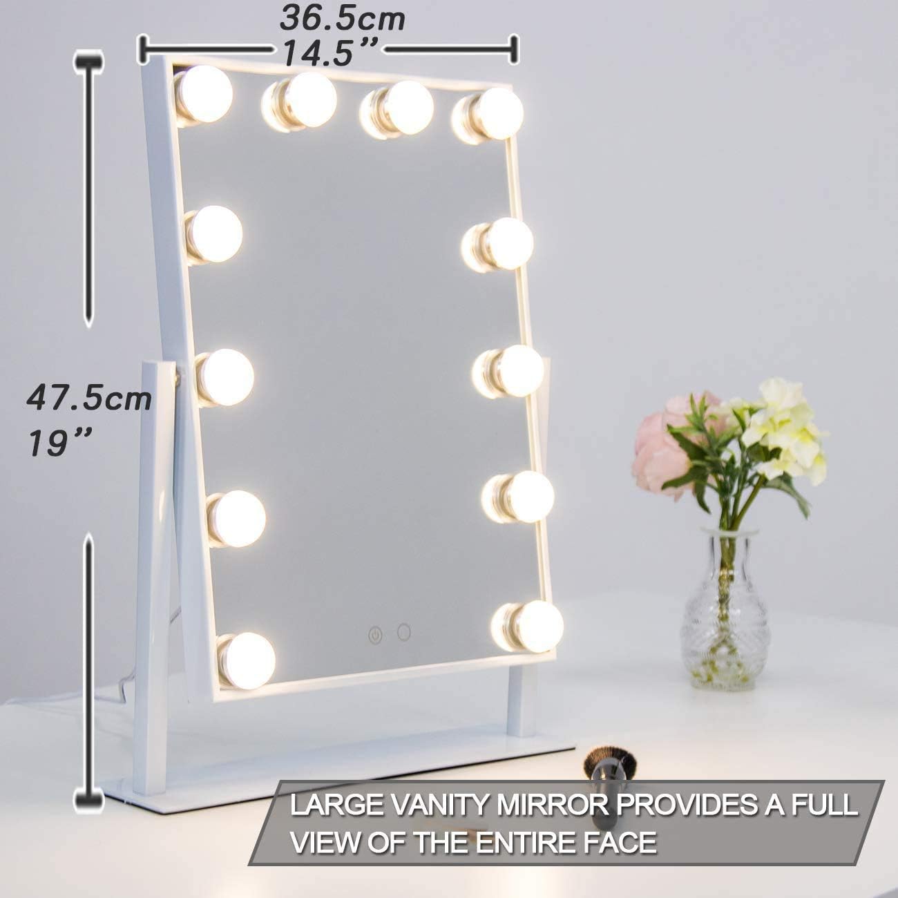 Waneway Lighted Dresser Mount Vanity Mirror with 12 x 3W Dimmable LED Bulbs and Touch Control Design, Hollywood Style Makeup Cosmetic Mirrors with Lights, White