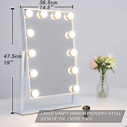 Waneway Lighted Dresser Mount Vanity Mirror with 12 x 3W Dimmable LED Bulbs and Touch Control Design, Hollywood Style Makeup Cosmetic Mirrors with Lights, White