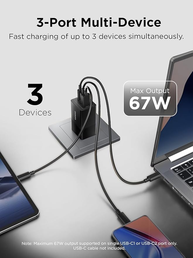 Lenovo 67W USB-C Charger, 3-Port Multi-Device Fast Charging, Advanced GaN - Image 2