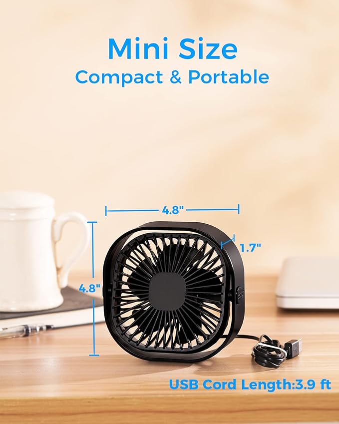 RJVW 4 Inch Small USB Desk Fan, 3-Speed Portable & 360°Rotatable Mini Cooling - Image 2