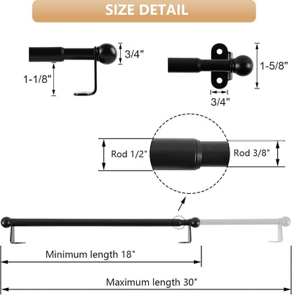 Cafe Curtain Rod 18-30 Inch, 1/2" Diameter, Door Curtain Rod, Black | Adjustable Small Curtain Rods for Windows, French Door, Screws Mounted with Brackets