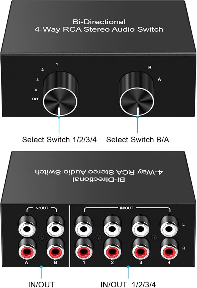 4-Way Stereo Audio Switcher, Bi-Directional Audio Selector Box - Image 2