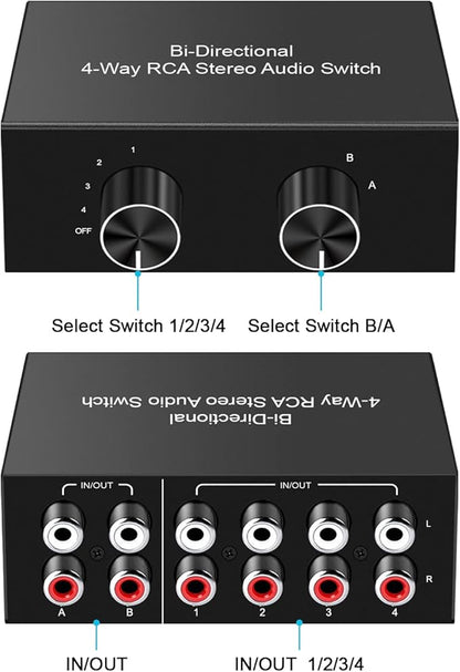 4-Way Stereo Audio Switcher, Bi-Directional Audio Selector Box - Image 2