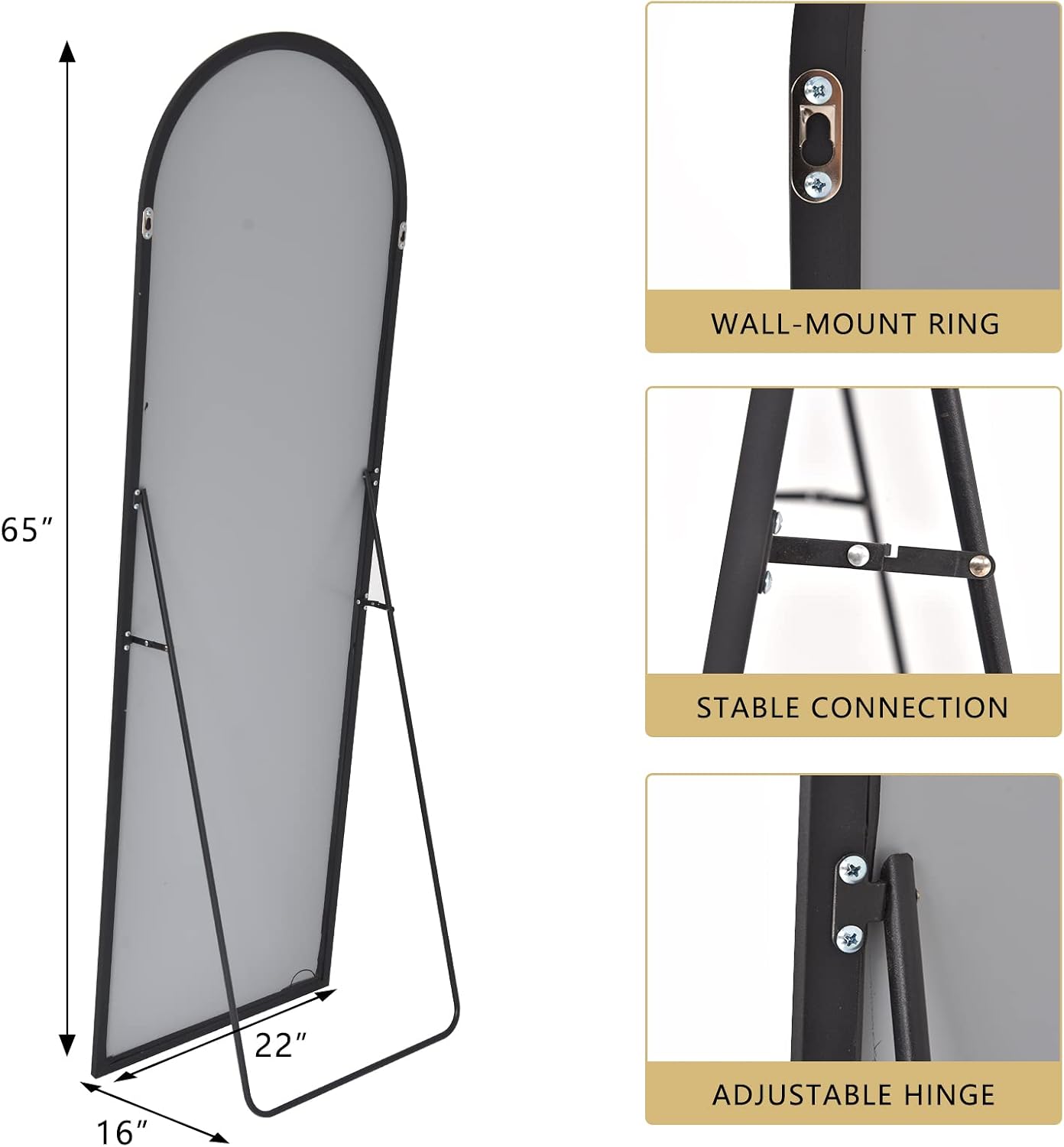 BEAUTYPEAK 64"x21" Arch Full Length Mirror, Hanging or Leaning Arched-Top Full Body Mirror with Stand for Bedroom, Dressing Room, Black