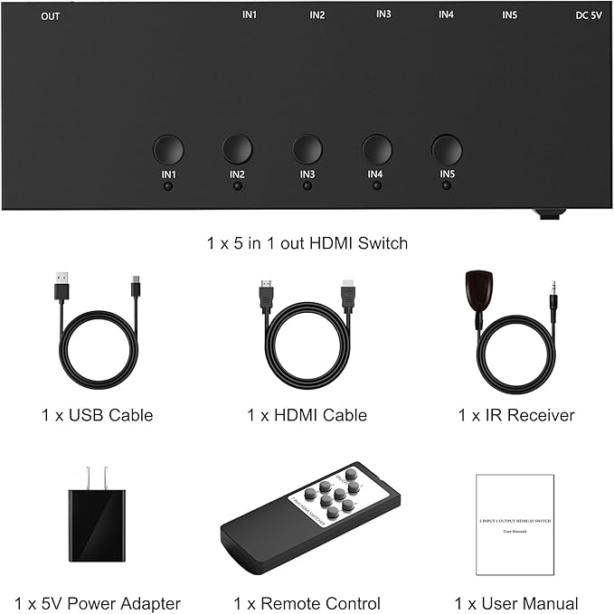 4K@60Hz 5 in 1 Out HDMI Switch, 5 Port HDMI Switcher Selector Support HDR10 & - Image 7