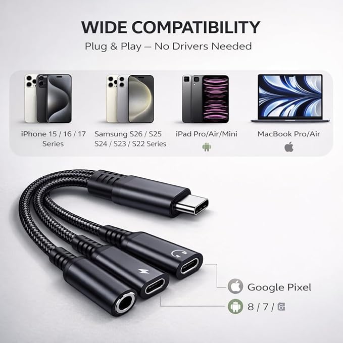 Mizi USB-C Headphone and Charging Adapter 3-in-1 – Type-C to 3.5mm Audio Jack + - Image 7