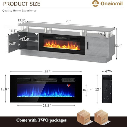 70 Inch Gray Electric Fireplace TV Stand, 2-Tier Media Console Fits TVs Up to - Image 3