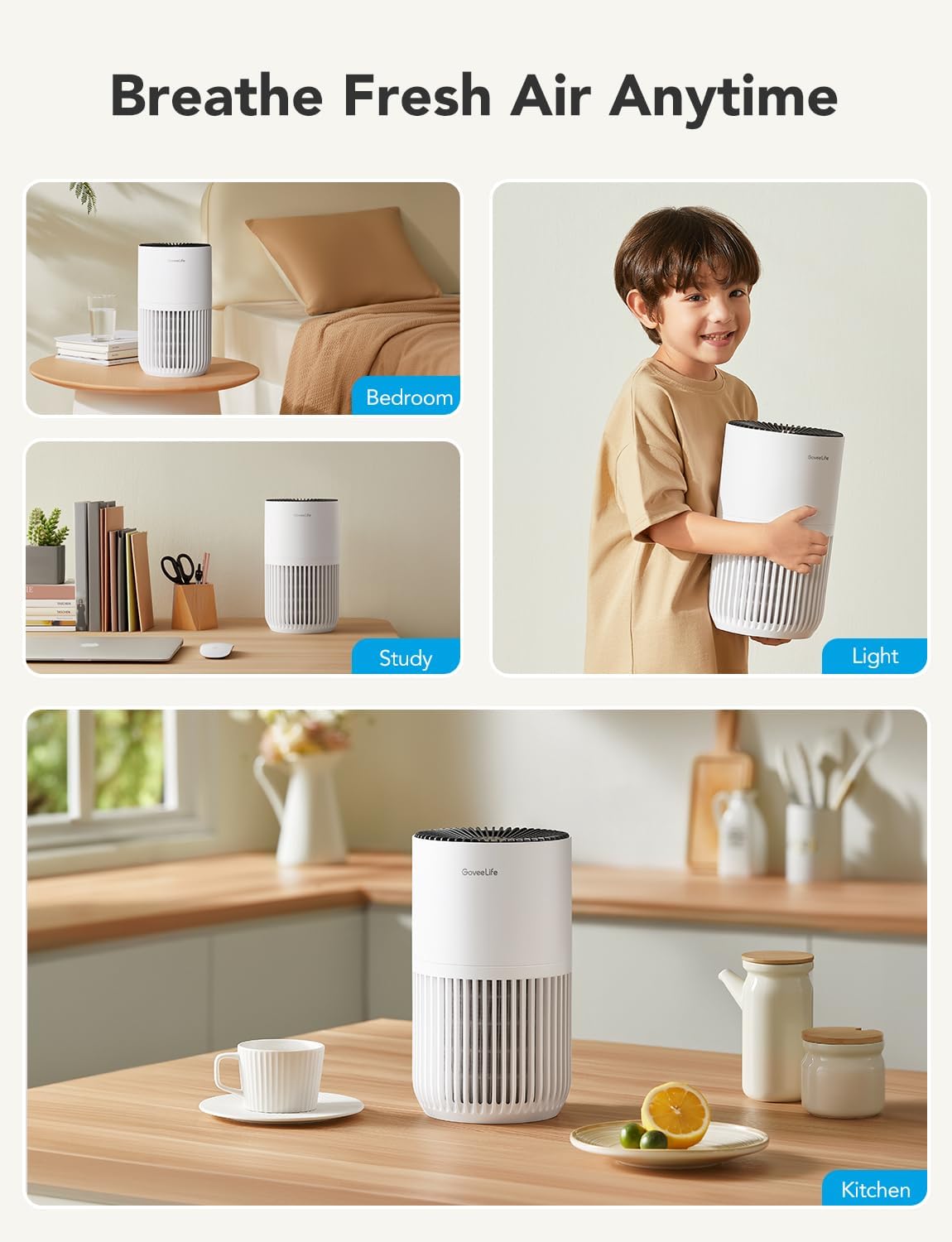goveelife smart mini air purifier for bedroom, with, front angle view