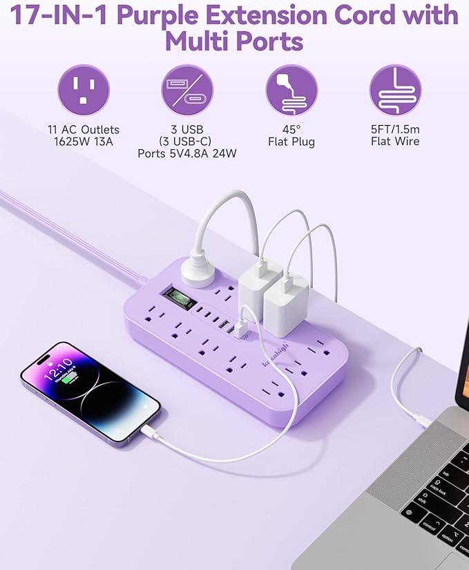 Purple Extension Cord with Multiple Outlets- 5 FT Lavender Power Strip - Image 3