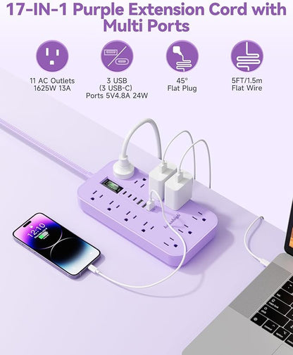 Purple Extension Cord with Multiple Outlets- 5 FT Lavender Power Strip - Image 3