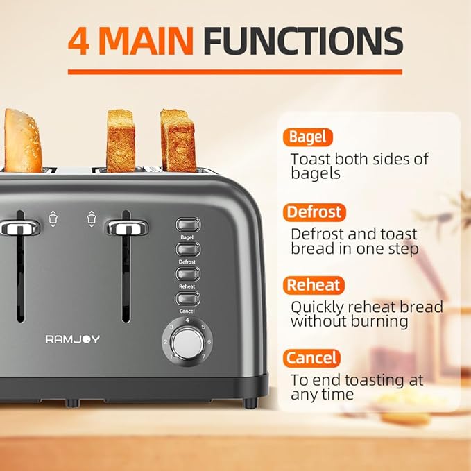 Grey Toaster 4 Slice, Dual Independent Controls, Extra Wide Slot Toasters - Image 5