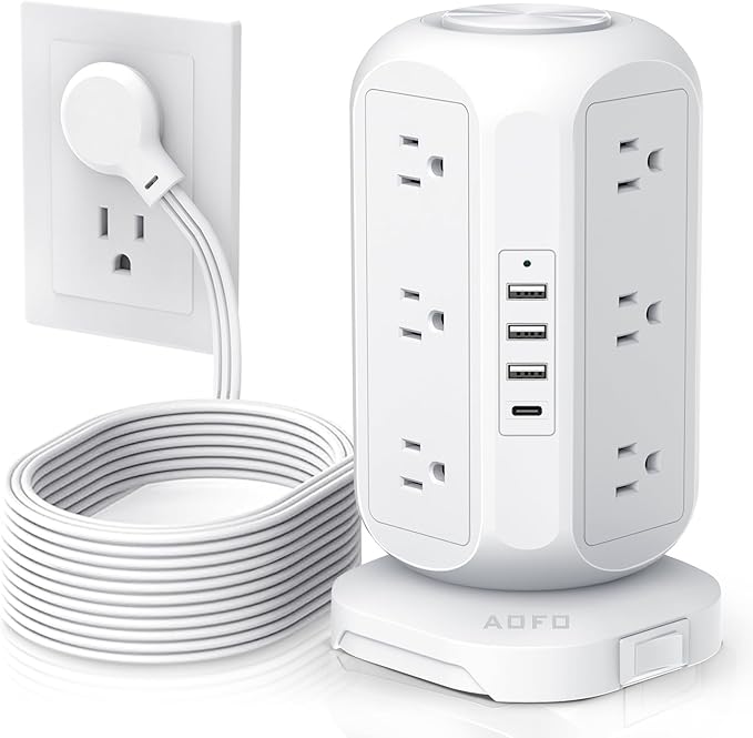 15 ft Long Extension Cord Power Strip Tower, AOFO Surge Protector 12 AC Outlets by AOFO