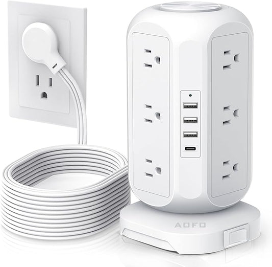 15 ft Long Extension Cord Power Strip Tower, AOFO Surge Protector 12 AC Outlets by AOFO