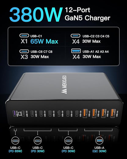 Aluminum Alloy 380W Charging Station Fast USB C Charger Block 12 Ports 65W - Image 4