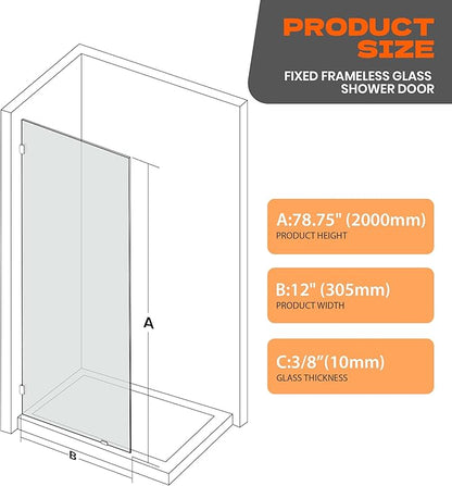 Bathroom Shower Door 12" W x 78.75" H, Frameless Fixed 3/8" Thick Clear - Image 2