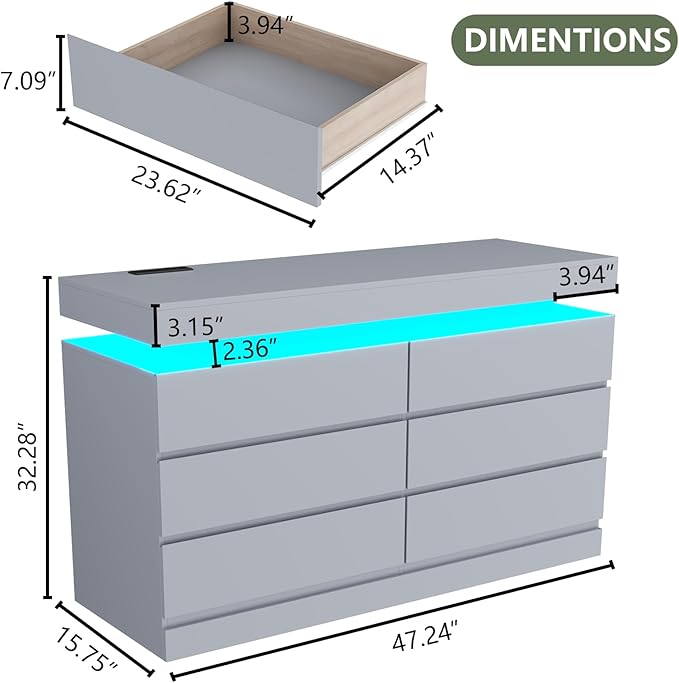 6 Drawer Dresser with Power Outlet, Dresser with LED Light, Modern Chest of - Image 2