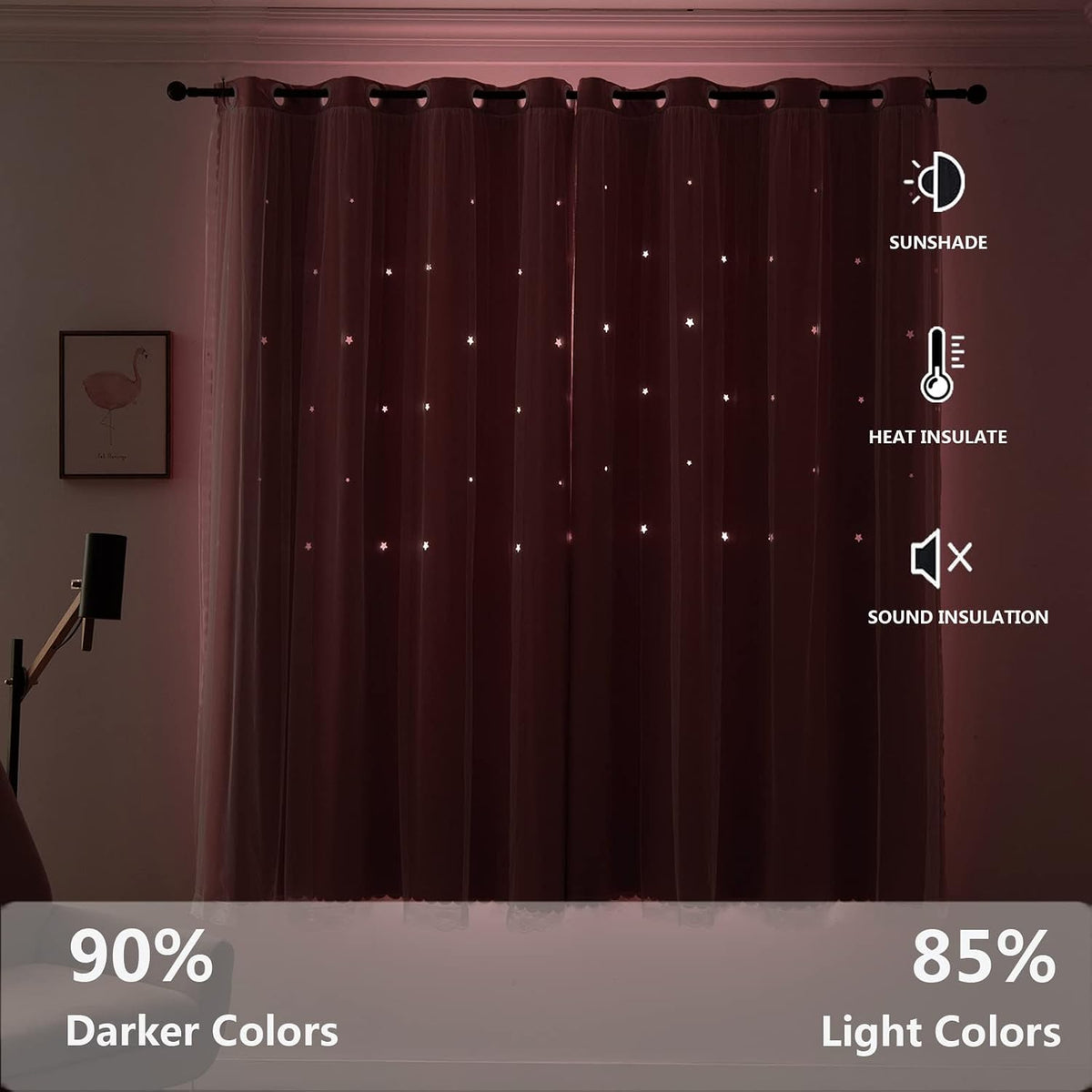 Girls Curtains for Living Room Bedroom Curtain Double Layer Blackout Curtains 63 Inch Length Star Cutout Pink Curtain Window Drapes for Nursery (Pink, 42W x 63L,2 Panels)