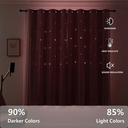 Girls Curtains for Living Room Bedroom Curtain Double Layer Blackout Curtains 63 Inch Length Star Cutout Pink Curtain Window Drapes for Nursery (Pink, 42W x 63L,2 Panels)