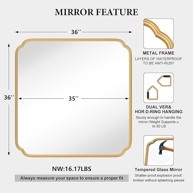 Gold Bathroom Mirror for Wall 36" x 36" Square Bathroom Vanity Mirror Farmhouse - Image 4