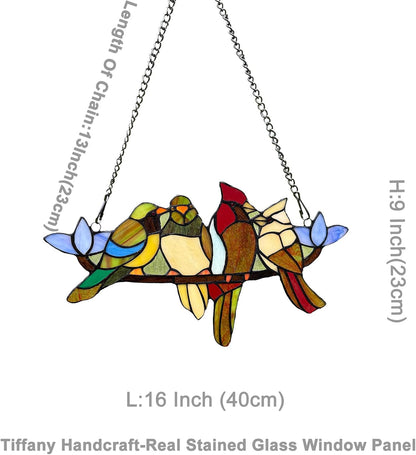 Tiffany Style Stained Glass Window Panel with Chain, 4 Birds Handcraft Stained Glass Window Hanging, Glass Ornaments Wall Décor Hanging Art,Length:16XHeight: 9 inches