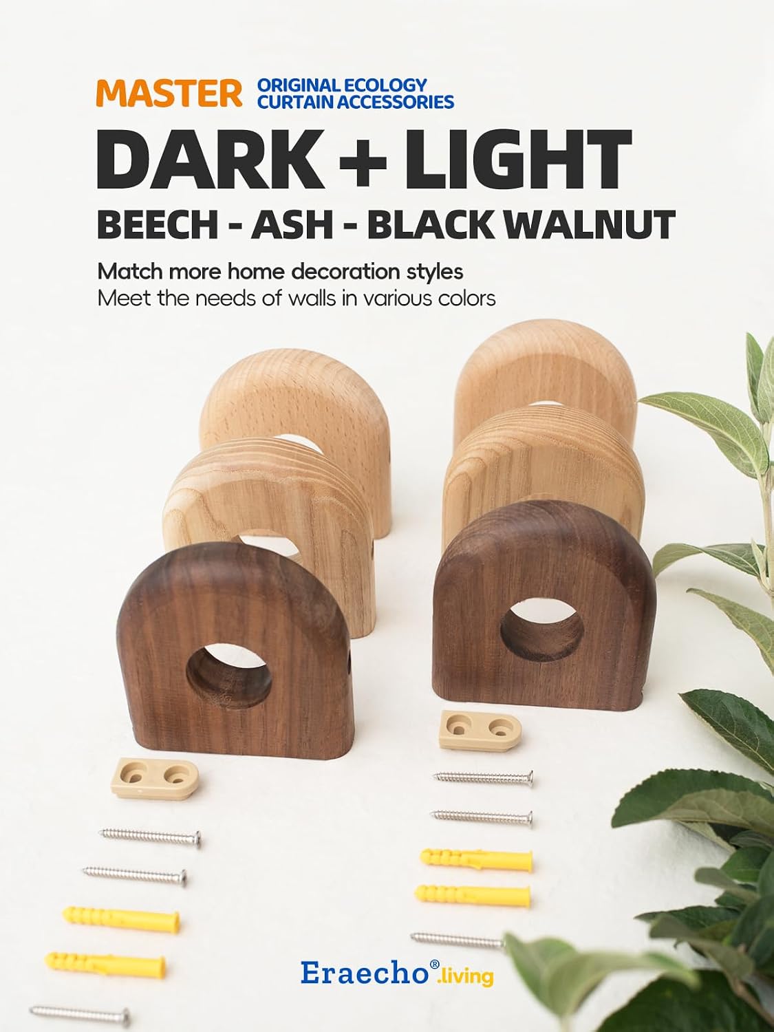 Eraecho,Semi-circle,Solid Wood Black Walnut Curtain Rod Bracket, 1.25 Inch Aperture for Roman Pole, Formaldehyde-Free Natural Finish, Quick Installation Removal, for Living Room Bedroom (Black Walnut)