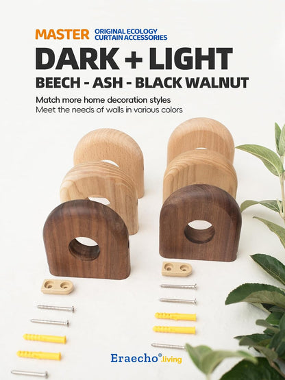 Eraecho,Semi-circle,Solid Wood Black Walnut Curtain Rod Bracket, 1.25 Inch Aperture for Roman Pole, Formaldehyde-Free Natural Finish, Quick Installation Removal, for Living Room Bedroom (Black Walnut)