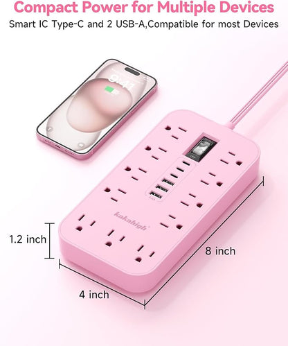 Pink Extension Cord with Multiple Outlets- 5 FT Kawaii Power Strip, Cute - Image 2