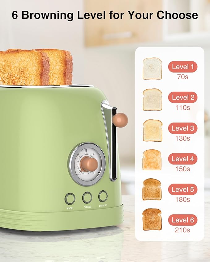 CROWNFUL 2-Slice Toaster, Extra Wide Slots Toaster, Retro Stainless Steel - Image 4