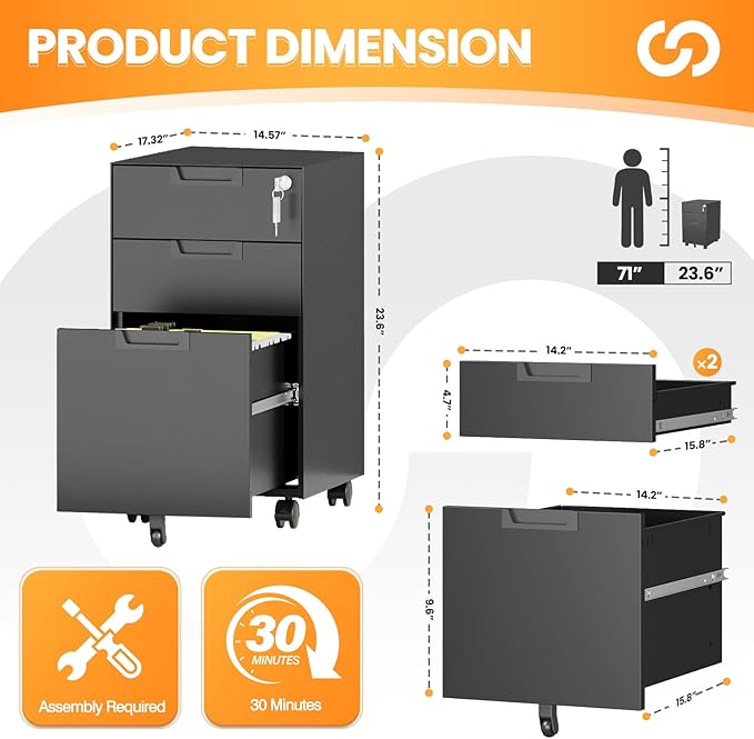 3 Drawer File Cabinet with Lock, Fully Assembled Metal Mobile Filing Cabinets - Image 3
