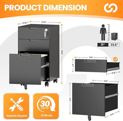 3 Drawer File Cabinet with Lock, Fully Assembled Metal Mobile Filing Cabinets - Image 3